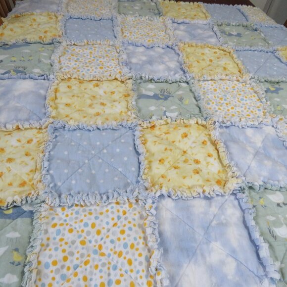 Flannel Rag Quilt With Batting 42 x 42 Blue and Yellow With Ducks - Picture 2 of 12